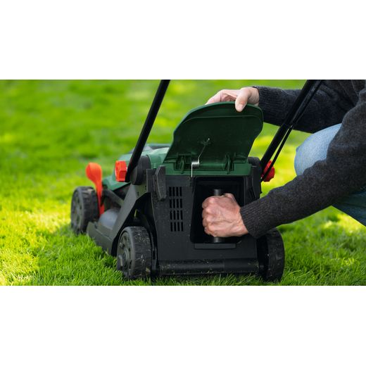 Bosch 06008B9P70 Lawn Mower, Including Battery - Opening storage compartment