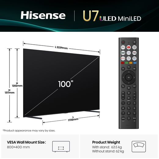 Hisense U7Q 100" 4K Ultra HD Smart TV - Dimensions