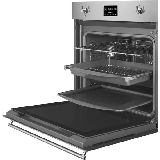 Smeg Classic Electric Single Oven - Stainless Steel - Left perspective door open with shelves