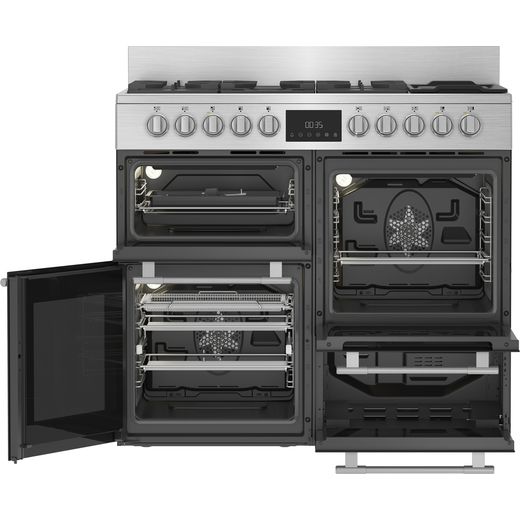 Hotpoint RH100FA21BX 100cm wide Dual Fuel Range Cooker with Gas Hob - Stainless Steel / Black - front with door open shot
