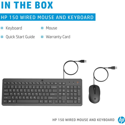 HP 150 Wired Keyboard with Mouse - Black - Annotation - In the box