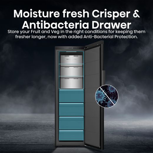 Hisense KitchenFit Frost Free Upright Freezer - Black Stainless Steel - Annotation - Moisture fresh crisper and antibacteria drawer