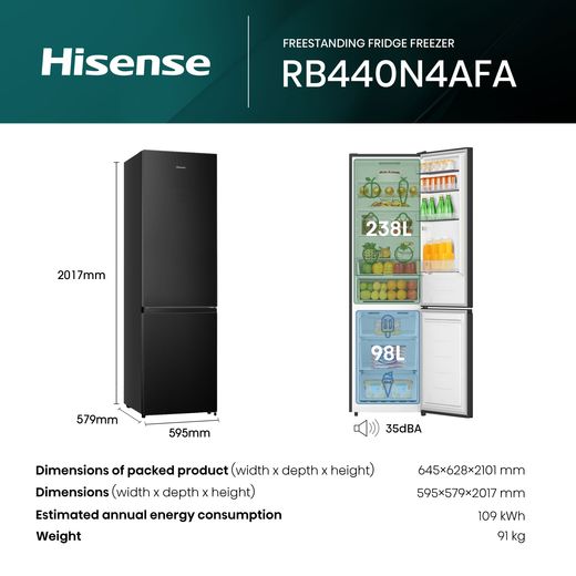Hisense 70/30 Total No Frost Fridge Freezer - Dark Steel - Annotation - Dimension shot