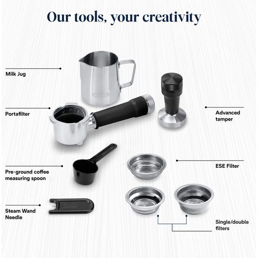 De'Longhi Dedica Duo Espresso Coffee Machine - Stainless Steel - Annotation - Accessories shot