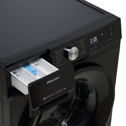 Hisense 3S Series WF3S8043BB3 8kg WiFi Connected Washing Machine with 1400 rpm - Black - Detergent tray shot