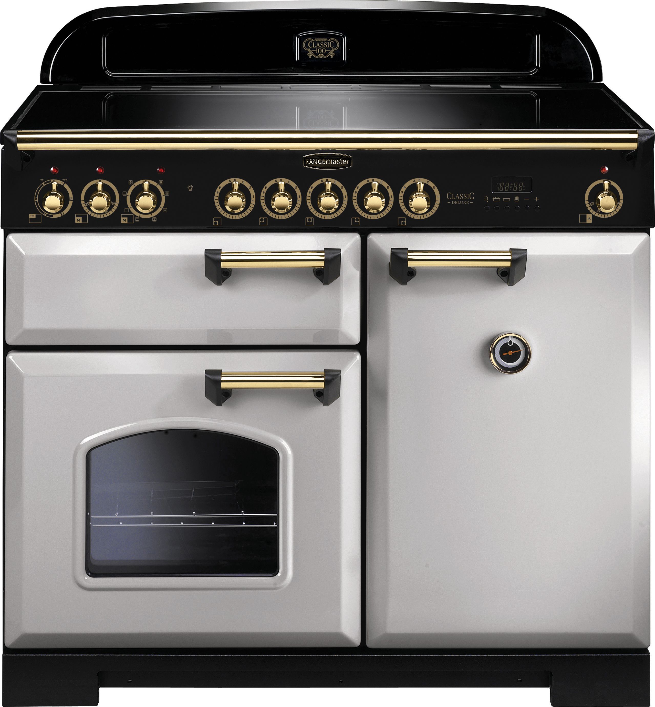 Rangemaster Classic Deluxe CDL100EIRP/B 100cm Electric Range Cooker with Induction Hob - Royal Pearl / Brass - A/A Rated, Grey