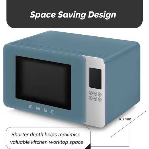 Smeg Collezione MOC01SBMUK 26 Litre 30cm High, Freestanding Small Microwave With Grill - Storm Blue - annotation - space saving design