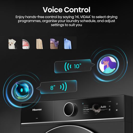 Hisense 3D Drying 7i Series DH7I108BBAB1 Wifi Connected Heat Pump Tumble Dryer - Black - Annotation - Voice control
