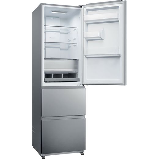 Haier HTR3518ENMXK Fridge Freezer Stainless Steel Effect - Right perspective with door open shot