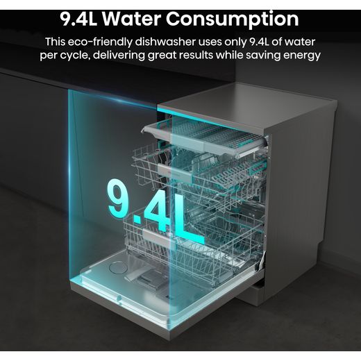 Hisense Auto Dose Standard Dishwasher - Stainless Steel - Annotation - 9.4L water consumption