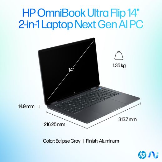 HP OmniBook Ultra Flip 14-fh0006na OLED 14" 2-in-1 Laptop - Intel® Core™ Ultra 7, 1TB SSD, 16 GB RAM - Grey - Dimensions