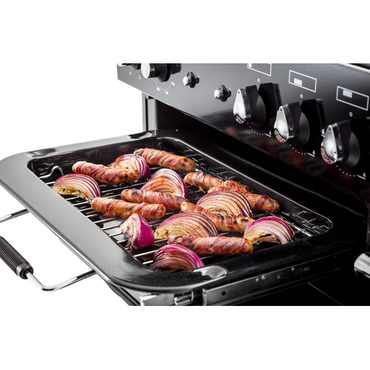 Rangemaster Toledo + 90cm Dual Fuel Range Cooker - Stainless Steel / Chrome - Sausage and onions on grill pan