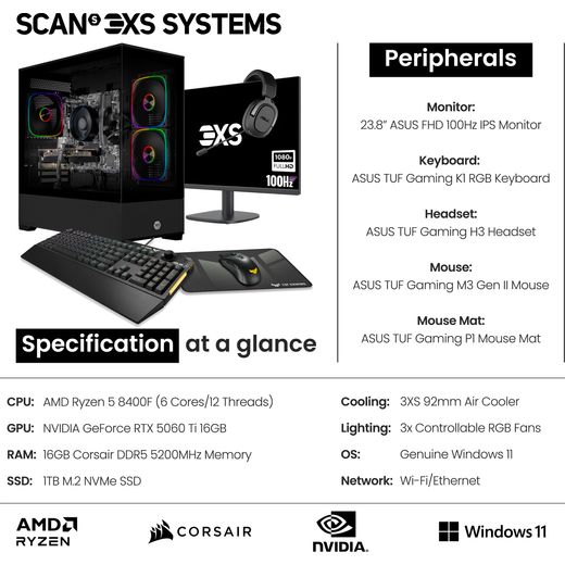 3XS Core 5060 Ti RGB Gaming PC - NVIDIA® GeForce® RTX™ 5060 Ti, AMD Ryzen™ 5, 1TB SSD - Black - Annotation - Spec shot