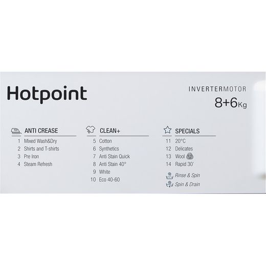 Hotpoint Integrated 8Kg / 6Kg Washer Dryer - White - Programme settings shot