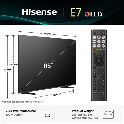 Hisense E7Q 43" 4K Ultra HD QLED Smart Freely TV - Annotation - Dimension shot 