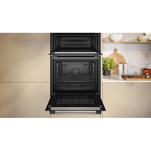 NEFF N50 Built In Electric Double Oven - Stainless Steel - Door open in kitchen