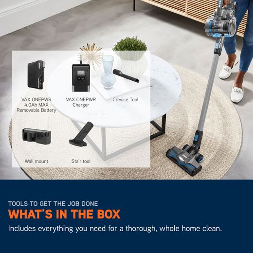 Vax ONEPWR Blade 4 Classic Plus Cordless Vacuum Cleaner with up to 45 Minutes Run Time - Blue / Graphite - Annotation - Whats in the box shot