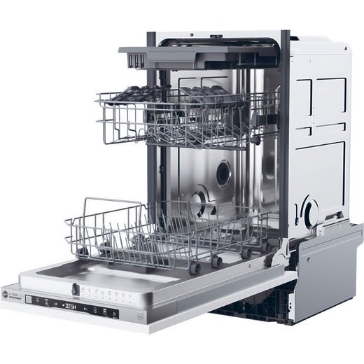 Hoover Integrated Slimline Dishwasher - Silver Control Panel  - Left perspective with door open shot