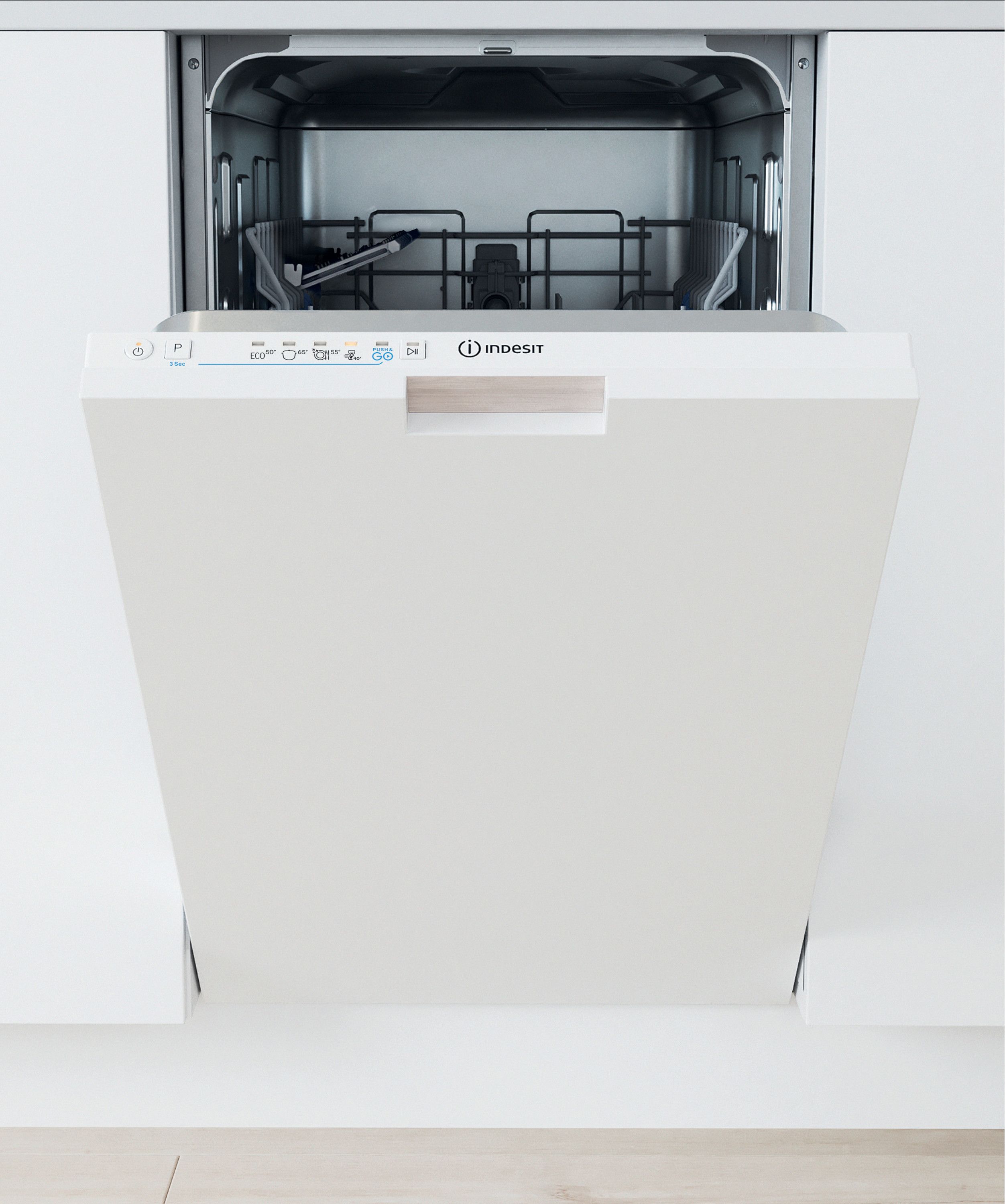 Image of Indesit Push&Go IN2ID10CS80UK Fully Integrated Slimline Dishwasher - White Control Panel with Fixed Door Hinge Kit - D Rated, White