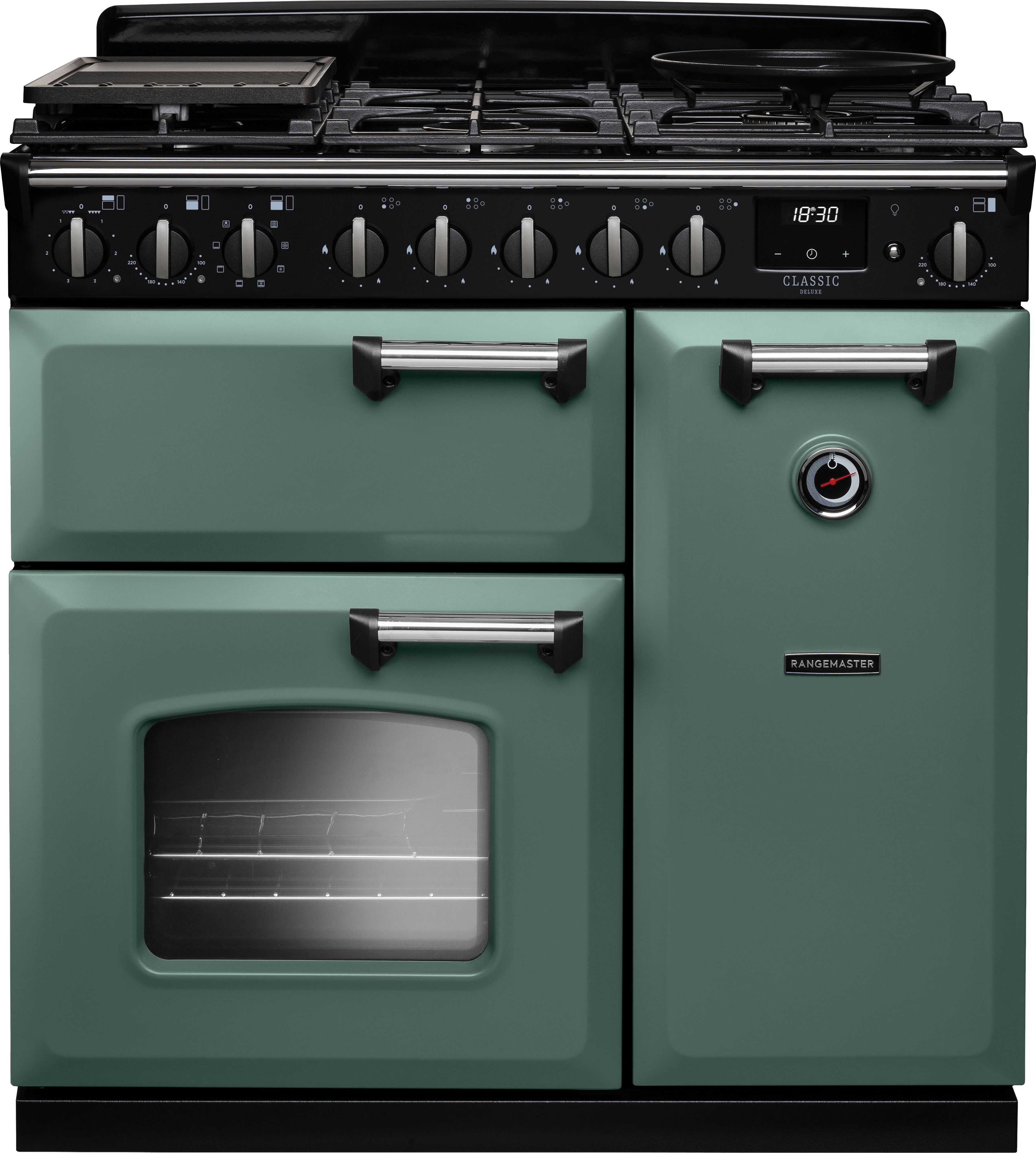 Image of Rangemaster Classic Deluxe CLDL90DFPMGR/CM1 90cm wide Dual Fuel Range Cooker with Gas Hob - Mineral Green / Chrome - A Rated, Green