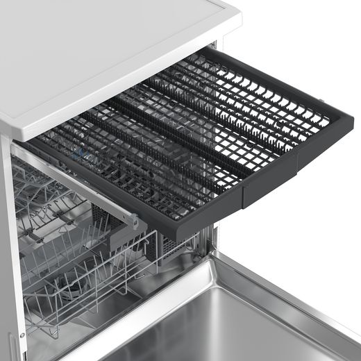 Beko Standard Dishwasher - White - close up of cutlery drawer pulled out