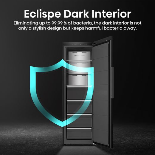 Hisense KitchenFit Frost Free Upright Freezer - Black Stainless Steel - Annotation - Eclispe Dark Interior