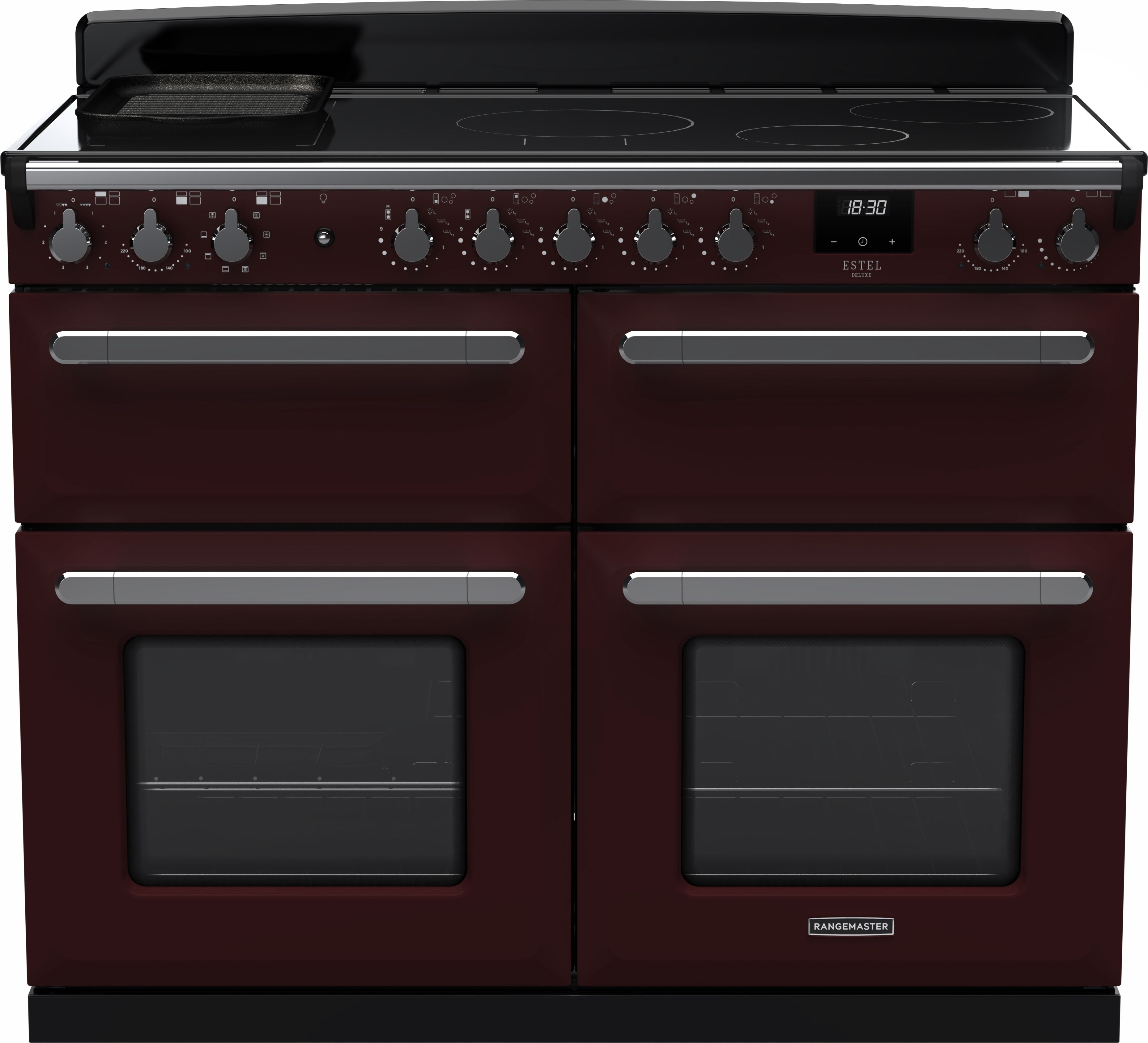 Image of Rangemaster Estel Deluxe ESDLB110EIPBOR/CM1 110cm wide Electric Range Cooker with Induction Hob - Bordeaux / Chrome - A Rated, Red
