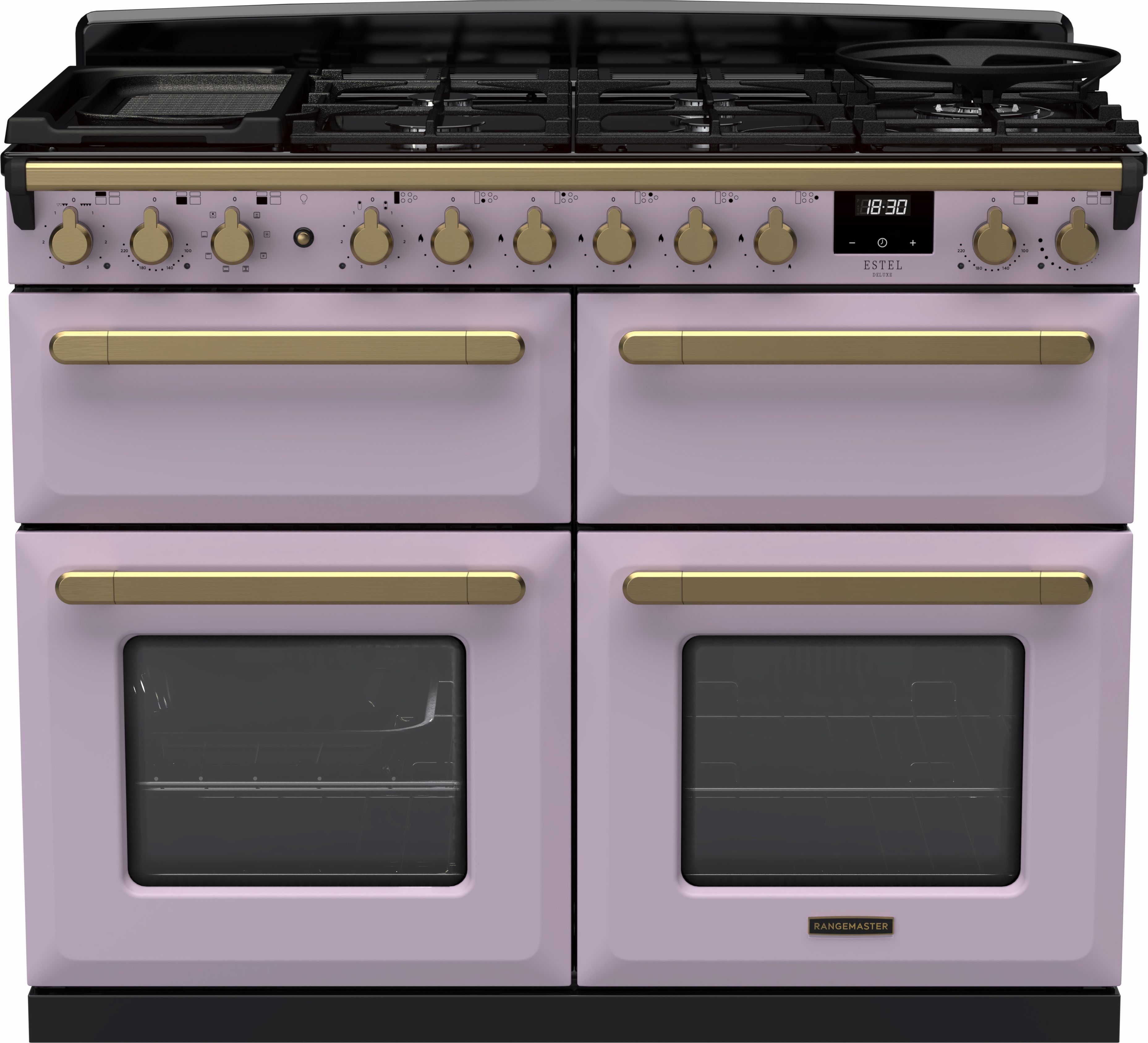Image of Rangemaster Estel Deluxe ESDLB110DFPHTH/AB1 110cm wide Dual Fuel Range Cooker with Gas Hob - Heather / Antique Brass - A/A Rated, Purple