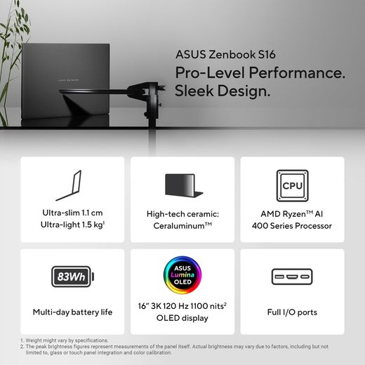 ASUS Zenbook S16 UM5606GA-SR040W OLED 16" Copilot+ Laptop - AMD Ryzen™ AI 7, 1TB SSD, 32 GB RAM - White - annotation - feature shot