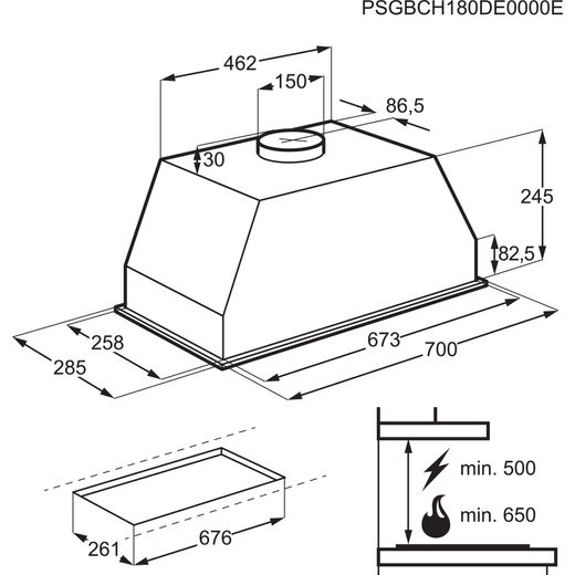 AEG 70 cm Canopy Cooker Hood - Stainless Steel - Annotation - Dimension shot