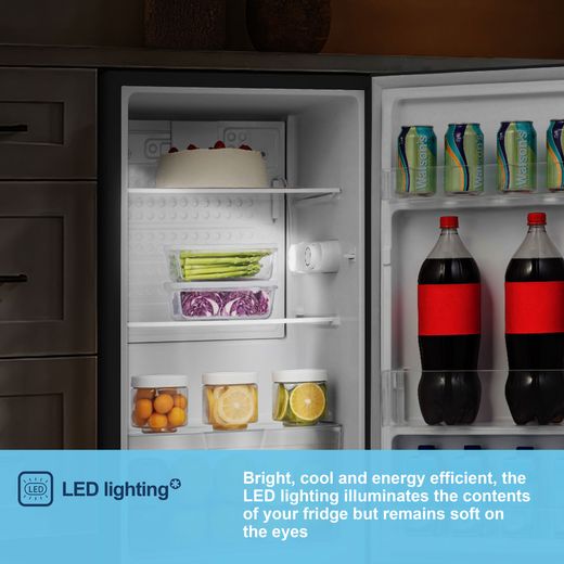 Fridgemaster MUL4892ES Compact 84cm Fridge - Silver - Annotation - LED lighting shot