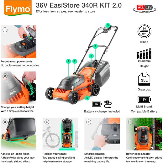 Flymo 36V EasiStore 340R Cordless Lawn Mower - Orange - Annotation - feature shot