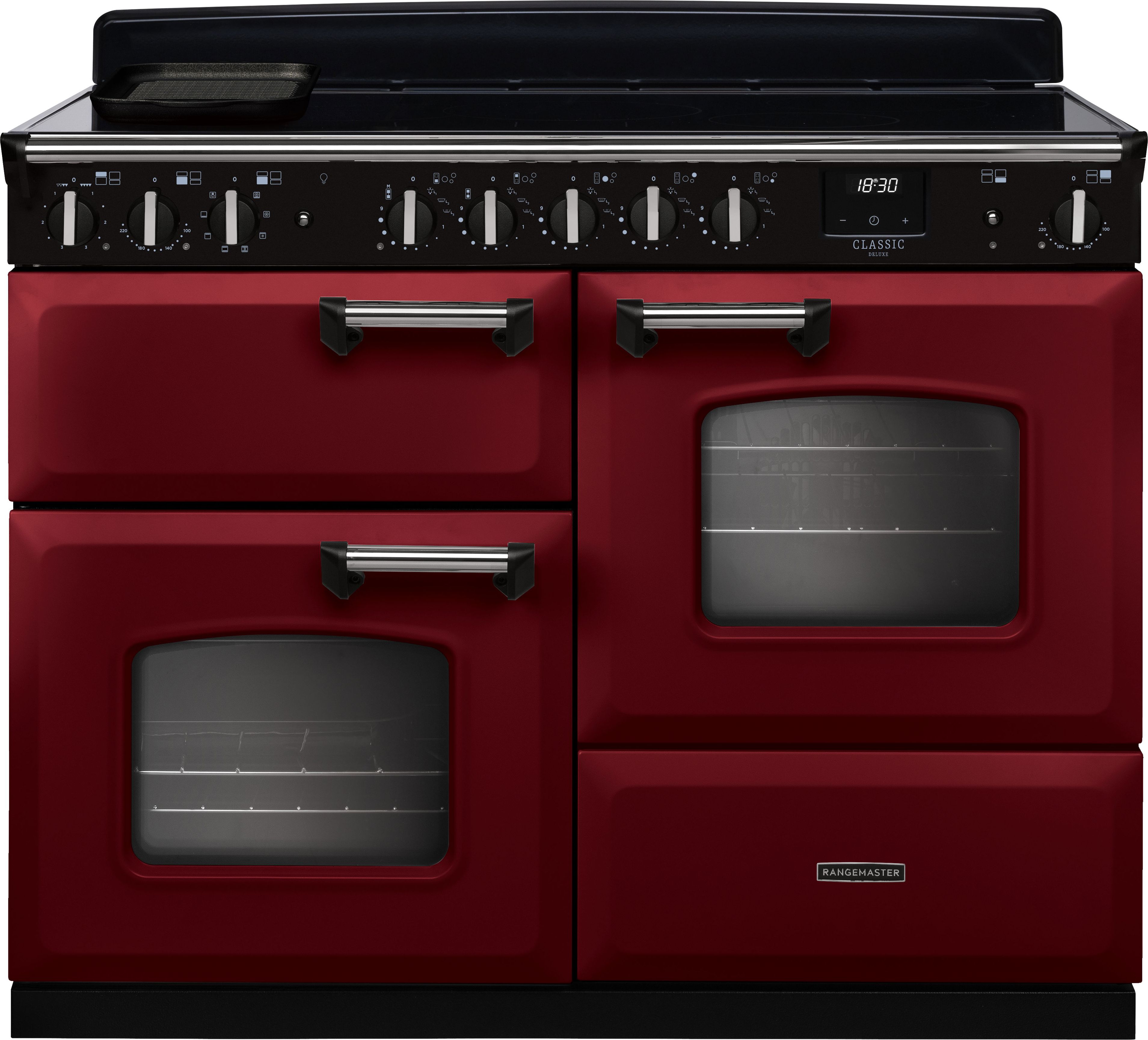 Image of Rangemaster Classic Deluxe OC CLDLO110EIPBOR/CM1 110cm wide Electric Range Cooker with Induction Hob - Bordeaux / Chrome - A/A Rated, Red