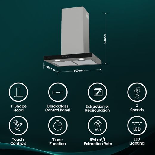 Hisense CH6T14BXBUK 60cm Chimney Cooker Hood - Stainless Steel / Black - Annotation - Features