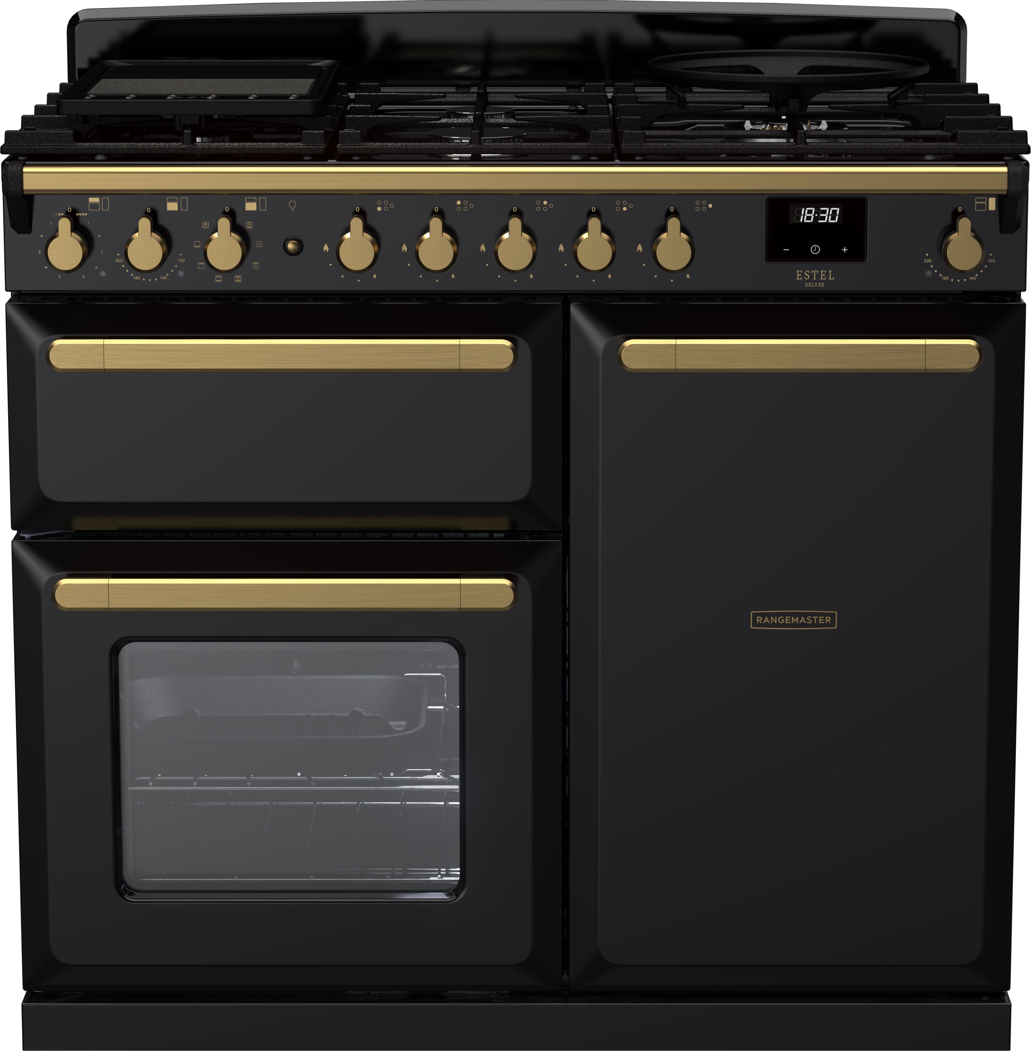 Image of Rangemaster Estel Deluxe ESDL100DFPGBL/AB1 100cm wide Dual Fuel Range Cooker with Gas Hob - Black / Antique Brass - A/A Rated, Black