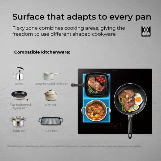 Alt Text: Haier Series 2 HAIDFS64MCAR 59cm Induction Hob - Black Glass - annotation - surface adapts to every pan
