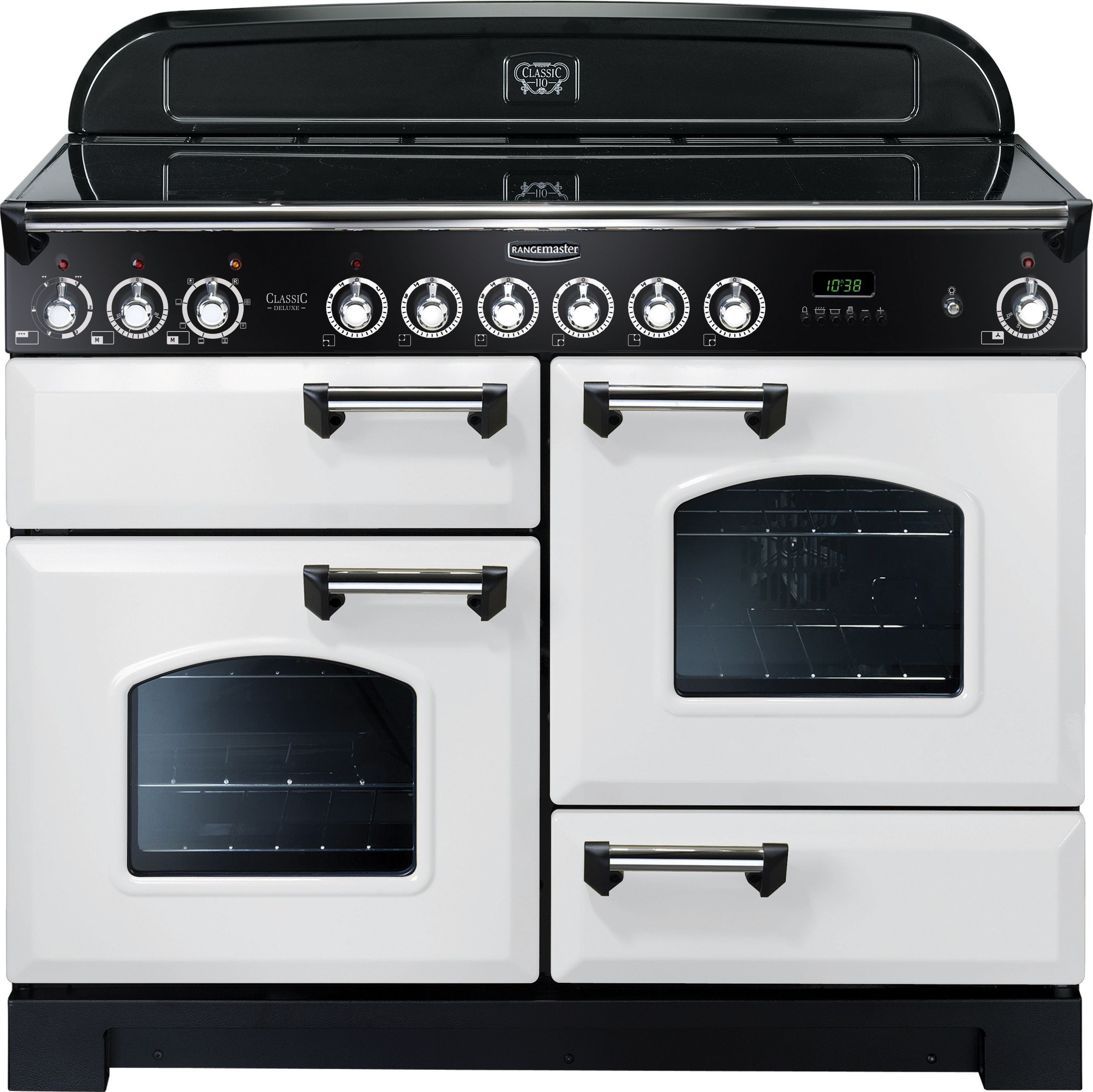 Rangemaster Classic Deluxe CDL110ECWH/C 110cm Electric Range Cooker with Ceramic Hob - White / Chrome - A/A Rated, White