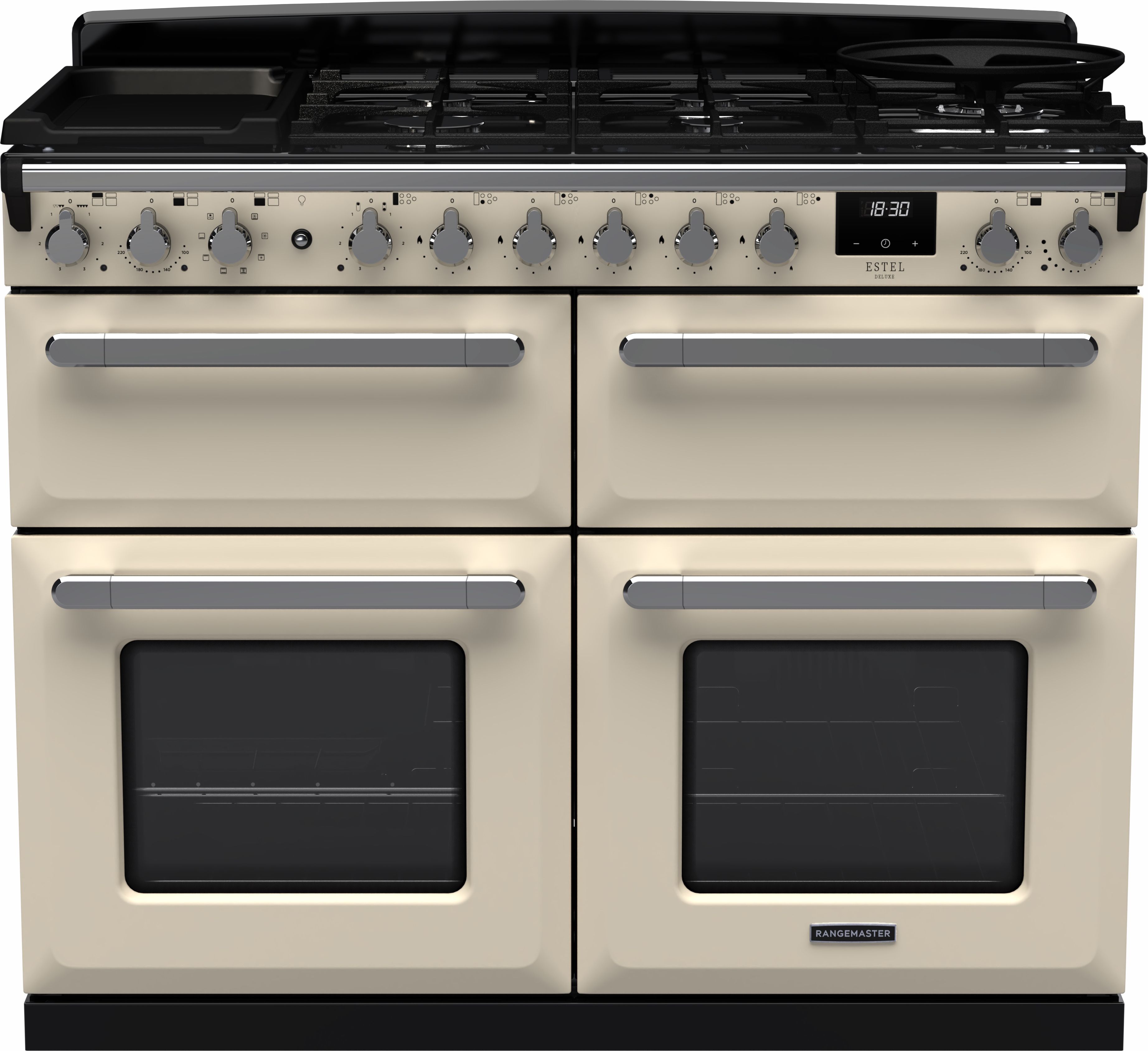 Image of Rangemaster Estel Deluxe ESDLB110DFPPCR/CM1 110cm wide Dual Fuel Range Cooker with Gas Hob - Cream / Chrome - A/A Rated, Cream