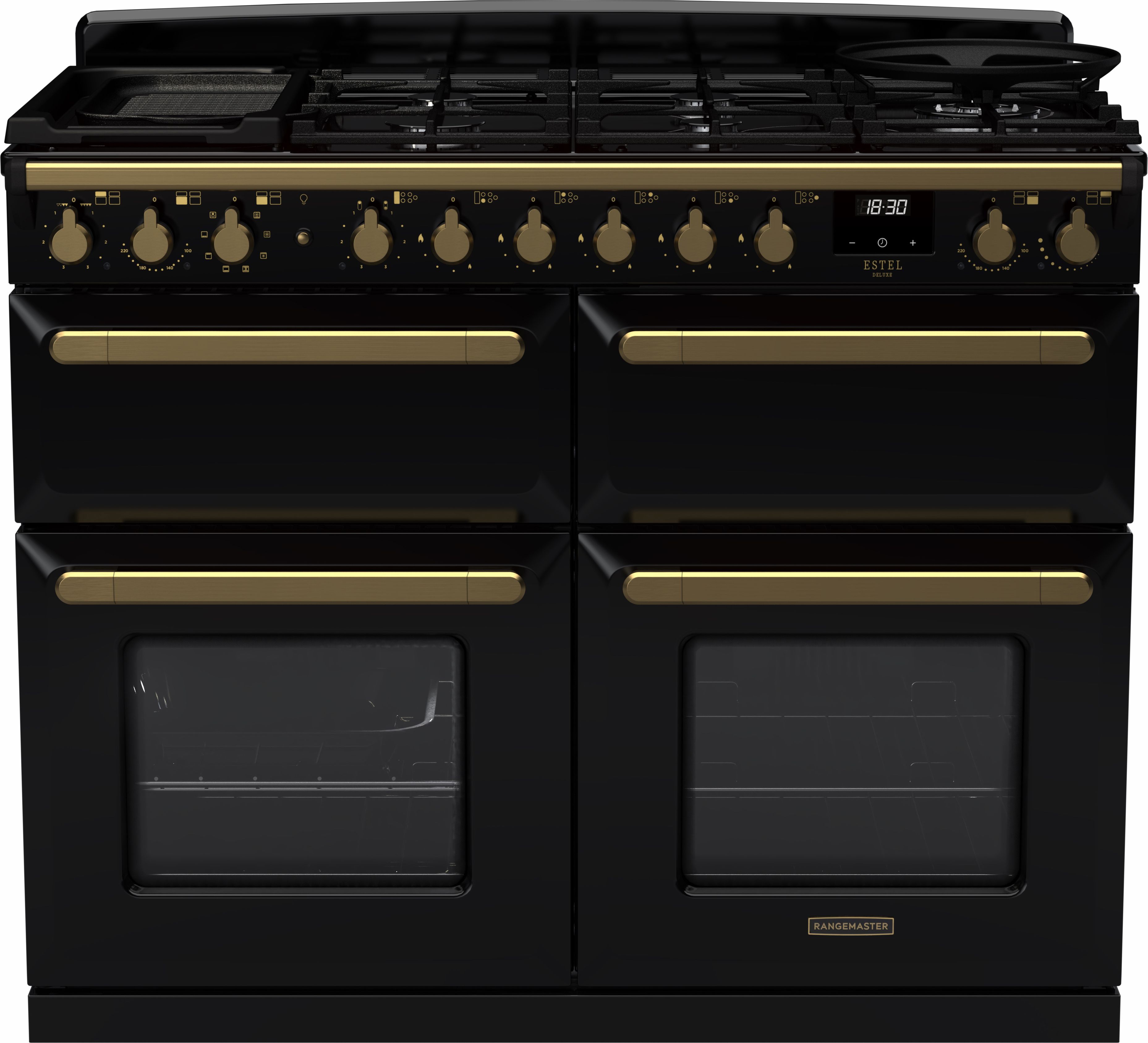 Image of Rangemaster Estel Deluxe ESDLB110DFPGBL/AB1 110cm wide Dual Fuel Range Cooker with Gas Hob - Black / Antique Brass - A/A Rated, Black