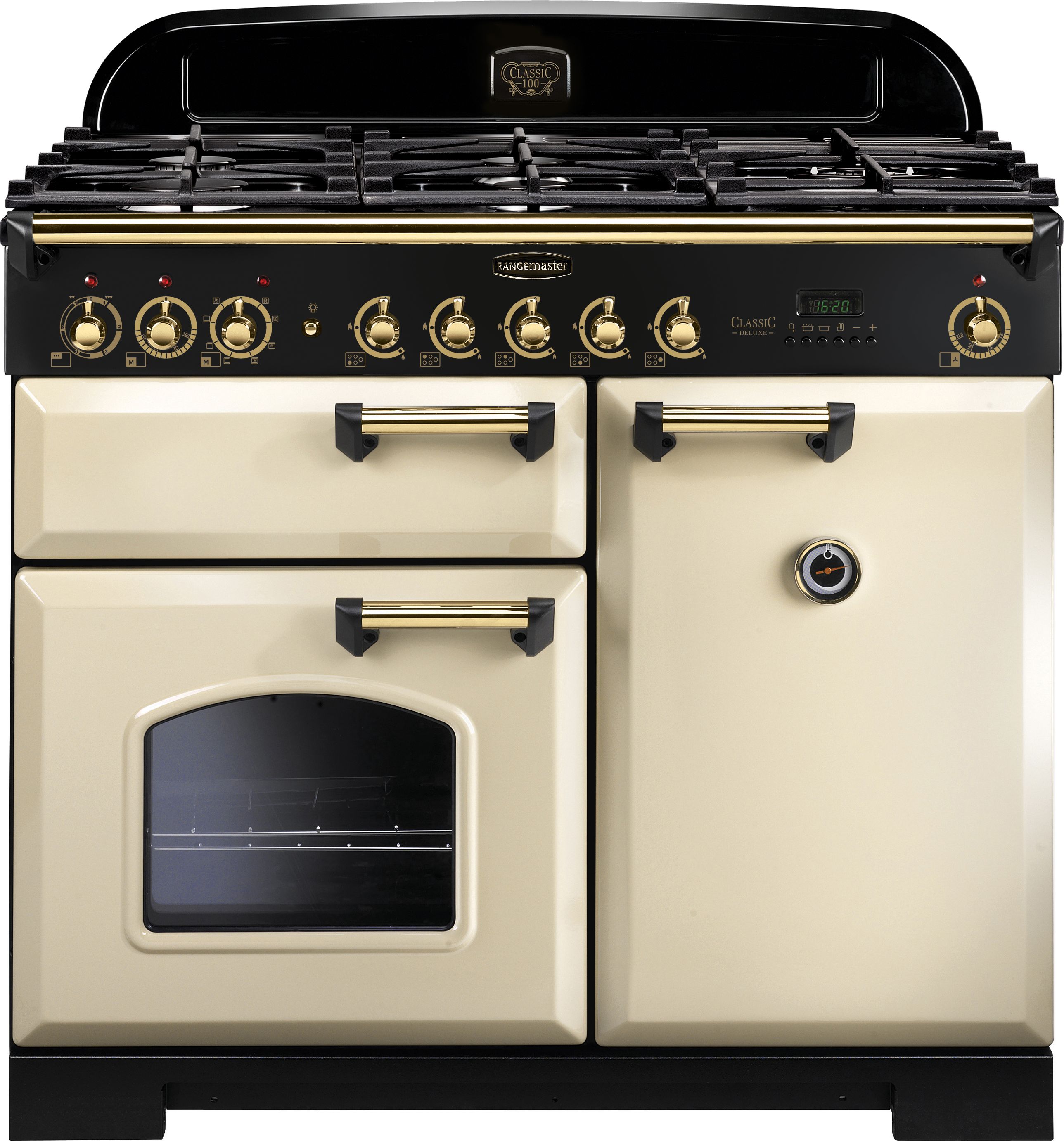 Rangemaster Classic Deluxe CDL100DFFCR/B 100cm Dual Fuel Range Cooker - Cream / Brass - A/A Rated, Cream