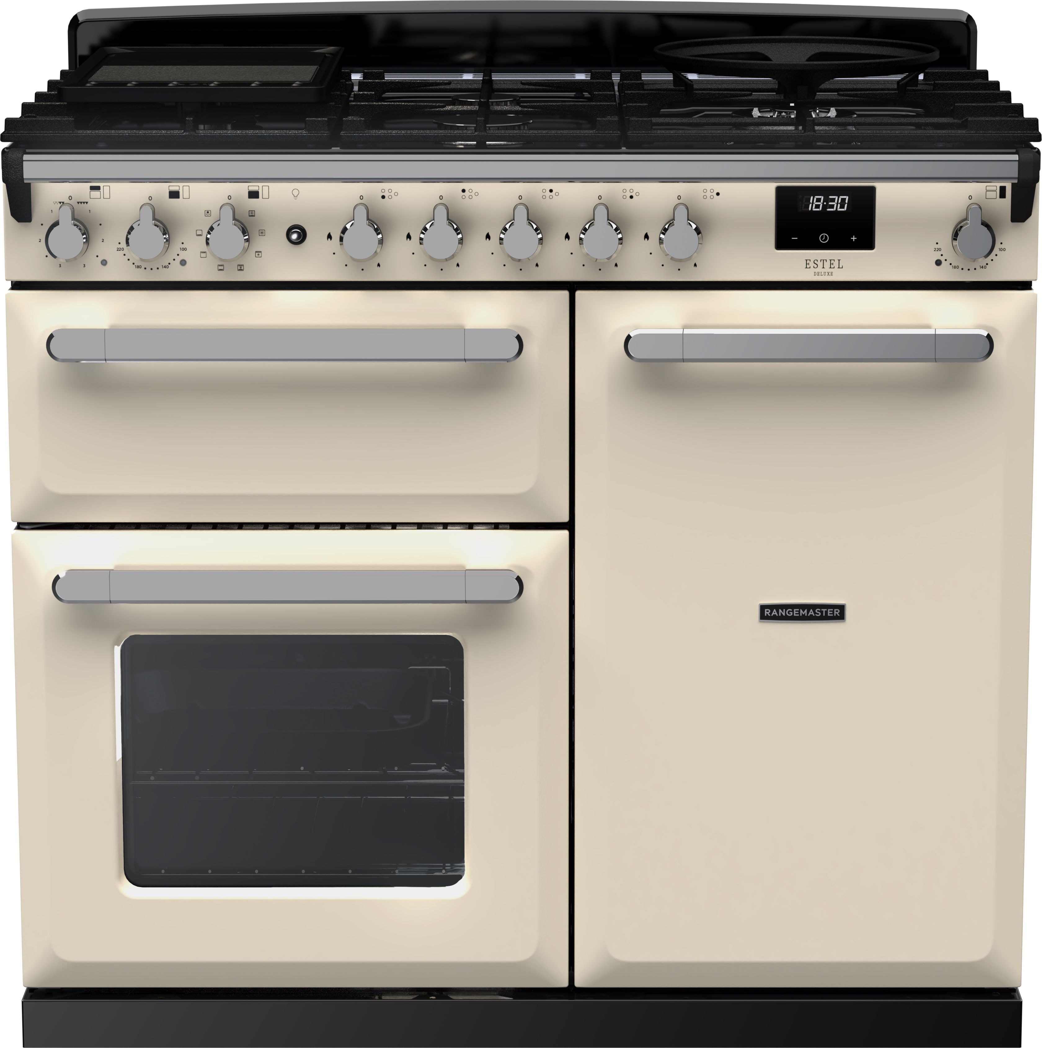 Image of Rangemaster Estel Deluxe ESDL100DFPPCR/CM1 100cm wide Dual Fuel Range Cooker with Gas Hob - Cream / Brass - A/A Rated, Cream