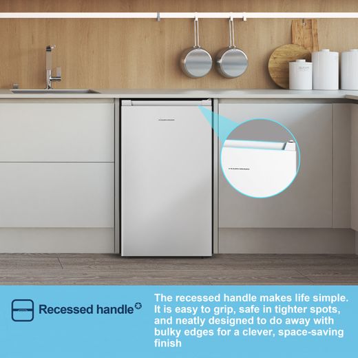 Fridgemaster Under Counter Freezer - White - Annotation - Recessed handles