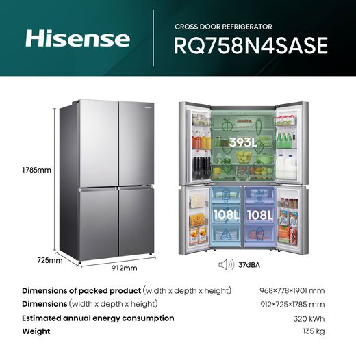 Hisense Pureflat Infinite American Fridge Freezer - Stainless Steel - Annotation - Dimension shot