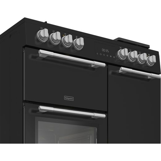 Hotpoint RH90FA20B 90cm wide Dual Fuel Range Cooker with Gas Hob - Black - control panel shot