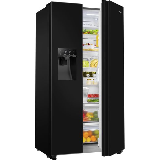 Hisense American Fridge Freezer - Black - Right perspective with door open shot