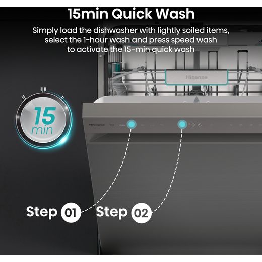 Hisense Auto Dose Standard Dishwasher - Stainless Steel - Annotation - 15 min quick wash