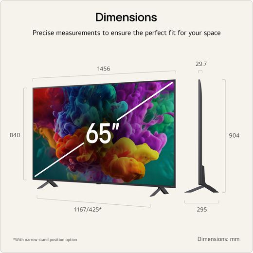 LG evo AI 65" 4K Ultra HD MiniLED Smart TV - Annotation - Dimension shot