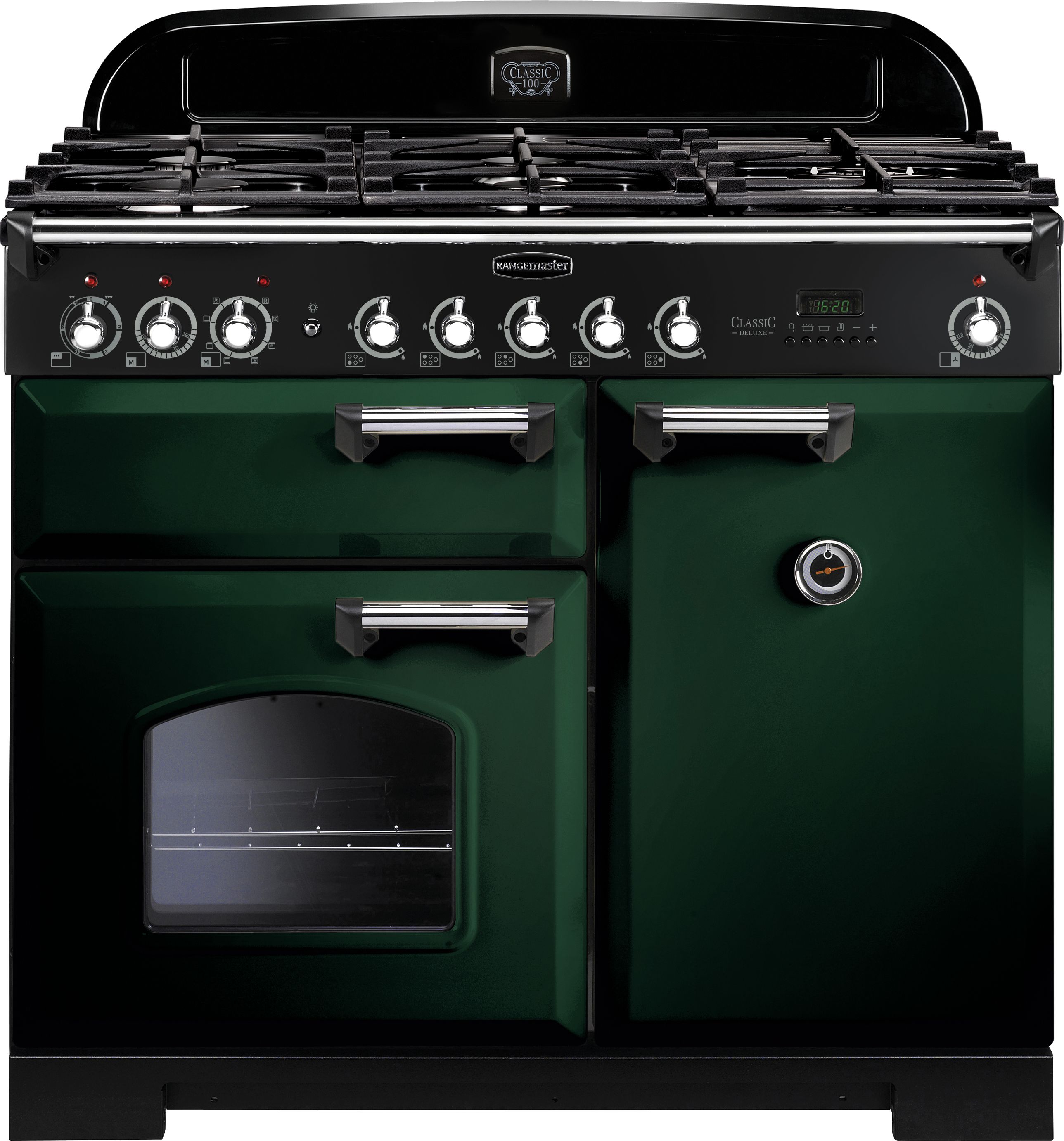 Rangemaster Classic Deluxe CDL100DFFRG/C 100cm Dual Fuel Range Cooker - Racing Green / Chrome - A/A Rated, Green