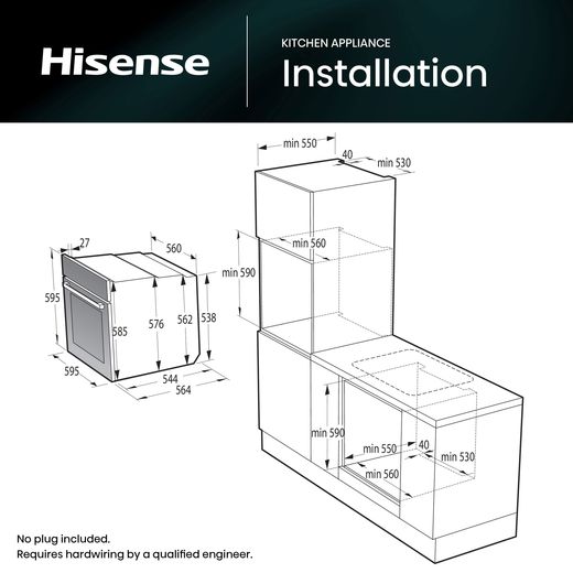Hisense Hi8 BlackLine BAS6AH8BUKWF Wifi Connected Built In Electric Single Oven - Jet Black - Annotation - Dimension shot