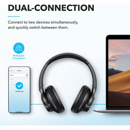 Soundcore Q21i NC True Wireless Noise Cancelling Over-Ear Headphones - Black - Annotation - dual connection shot
